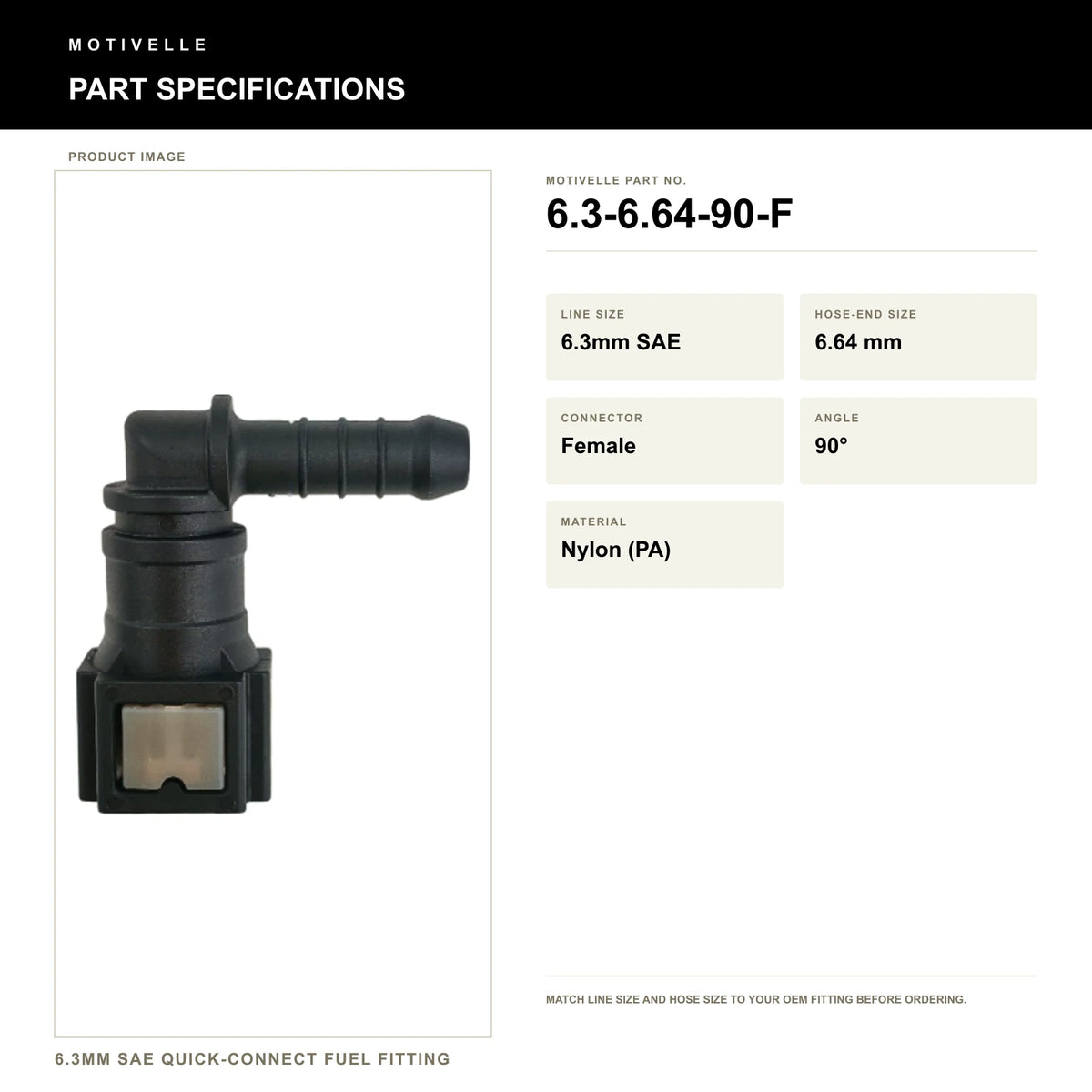 Motivelle 6.3mm SAE Quick-Connect Fuel Fitting — Female, 90° (6.3-6.64-90-F) - specifications