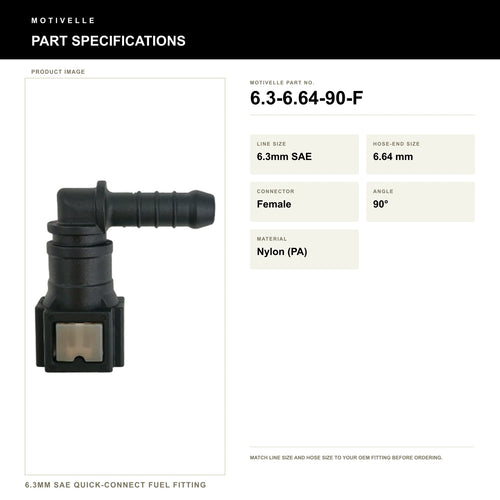 Motivelle 6.3mm SAE Quick-Connect Fuel Fitting — Female, 90° (6.3-6.64-90-F) - specifications