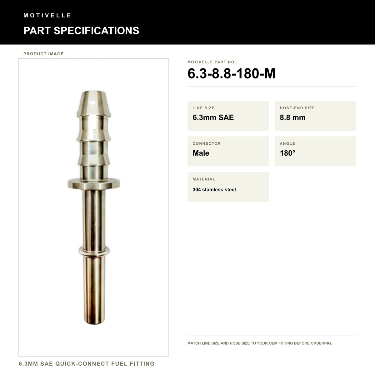 Motivelle 6.3mm SAE Quick-Connect Fuel Fitting — Male, 180° (6.3-8.8-180-M) - specifications