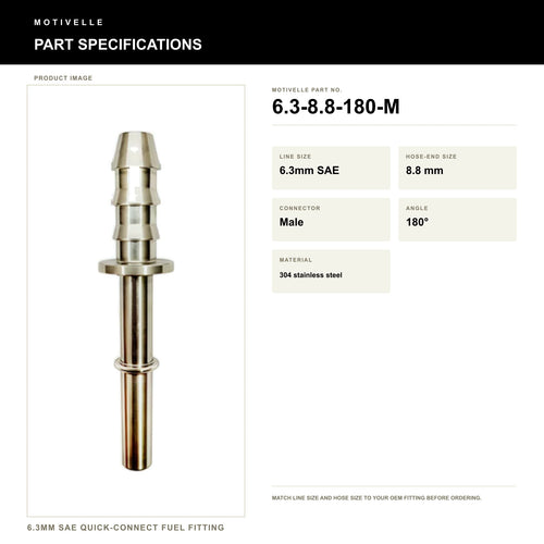 Motivelle 6.3mm SAE Quick-Connect Fuel Fitting — Male, 180° (6.3-8.8-180-M) - specifications