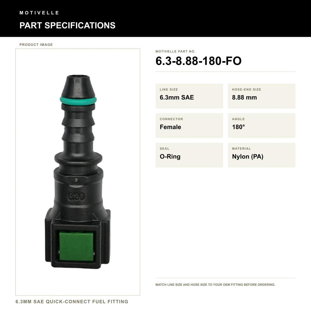 Motivelle 6.3mm SAE Quick-Connect Fuel Fitting — Female, 180°, O-Ring (6.3-8.88-180-FO) - specifications