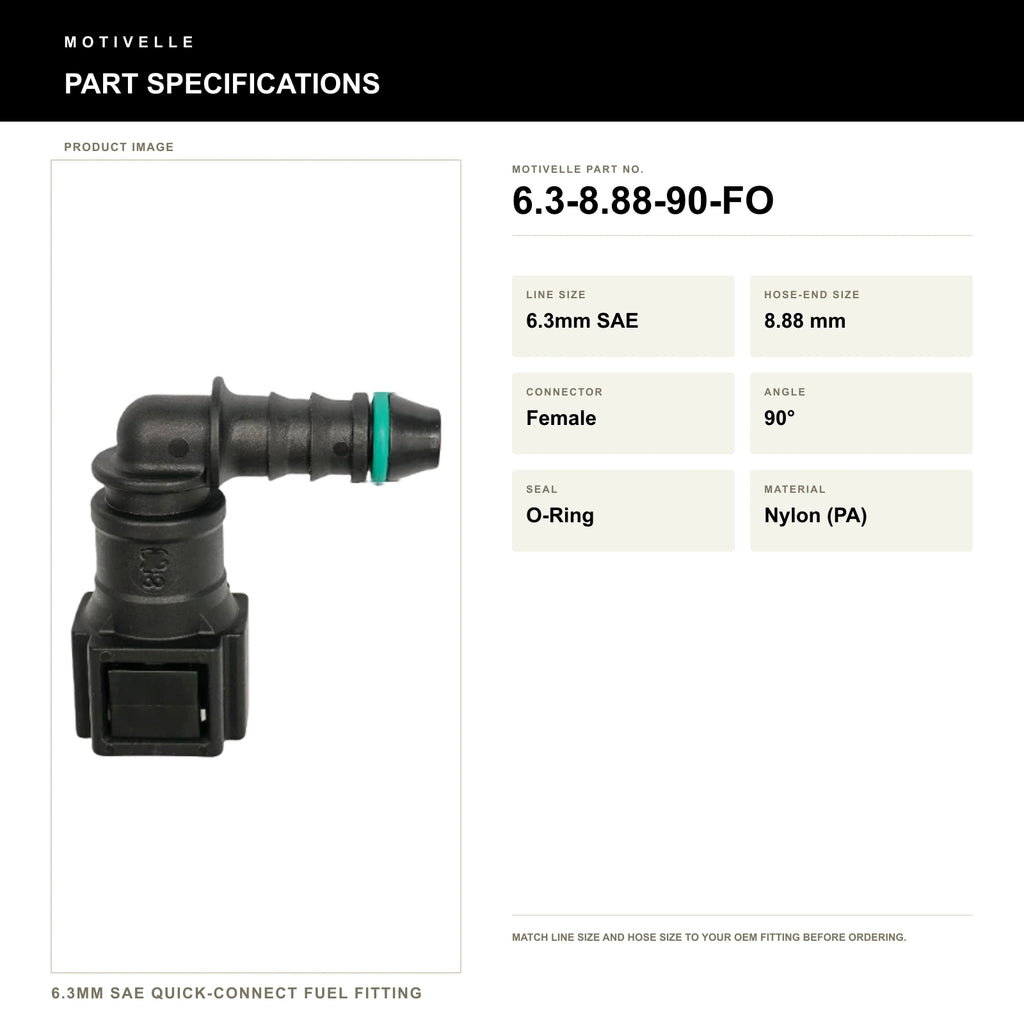 Motivelle 6.3mm SAE Quick-Connect Fuel Fitting — Female, 90°, O-Ring (6.3-8.88-90-FO) - specifications