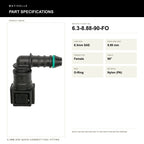 Motivelle 6.3mm SAE Quick-Connect Fuel Fitting — Female, 90°, O-Ring (6.3-8.88-90-FO) - specifications