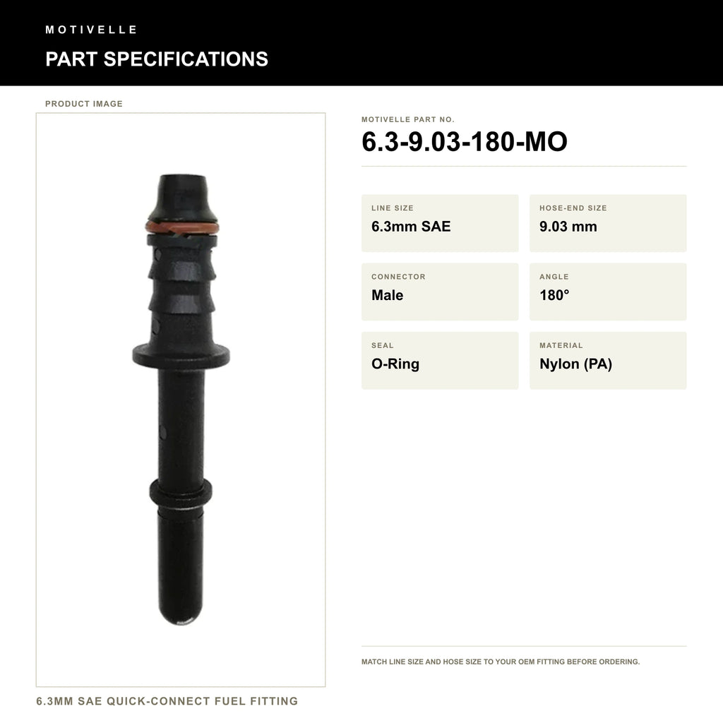 Motivelle 6.3mm SAE Quick-Connect Fuel Fitting — Male, 180°, O-Ring (6.3-9.03-180-MO) - specifications