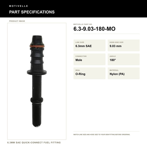 Motivelle 6.3mm SAE Quick-Connect Fuel Fitting — Male, 180°, O-Ring (6.3-9.03-180-MO) - specifications
