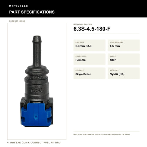 Motivelle 6.3mm SAE Quick-Connect Fuel Fitting — Female, 180° (6.3S-4.5-180-F) - specifications