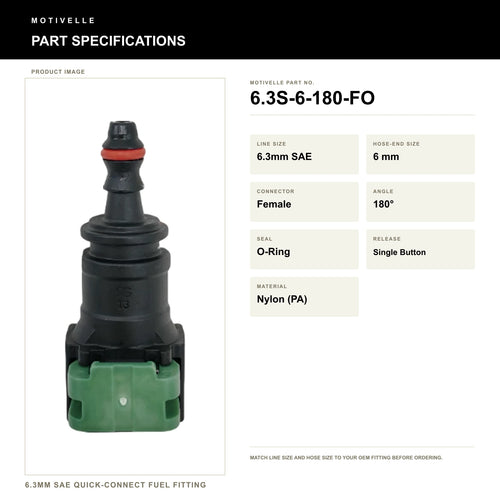 Motivelle 6.3mm SAE Quick-Connect Fuel Fitting — Female, 180°, O-Ring (6.3S-6-180-FO) - specifications