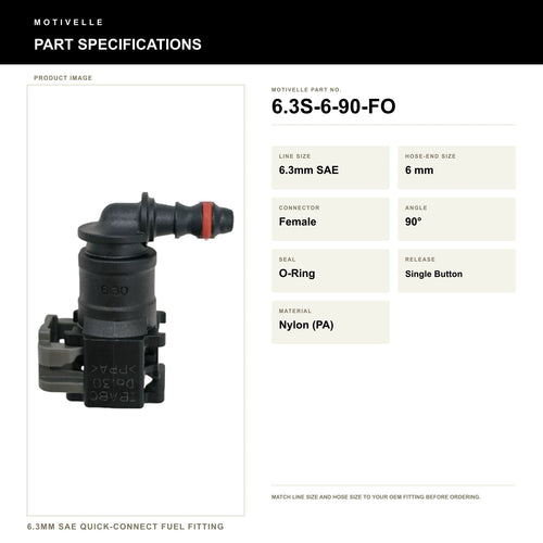 Motivelle 6.3mm SAE Quick-Connect Fuel Fitting — Female, 90°, O-Ring (6.3S-6-90-FO) - specifications