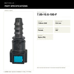 Motivelle 7.89mm SAE Quick-Connect Fuel Fitting — Female, 180° (7.89-10.6-180-F) - specifications
