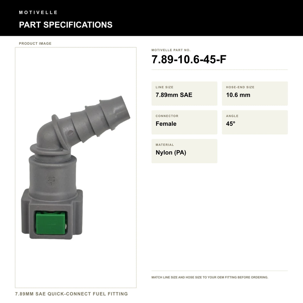 Motivelle 7.89mm SAE Quick-Connect Fuel Fitting — Female, 45° (7.89-10.6-45-F) - specifications