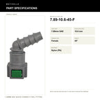Motivelle 7.89mm SAE Quick-Connect Fuel Fitting — Female, 45° (7.89-10.6-45-F) - specifications