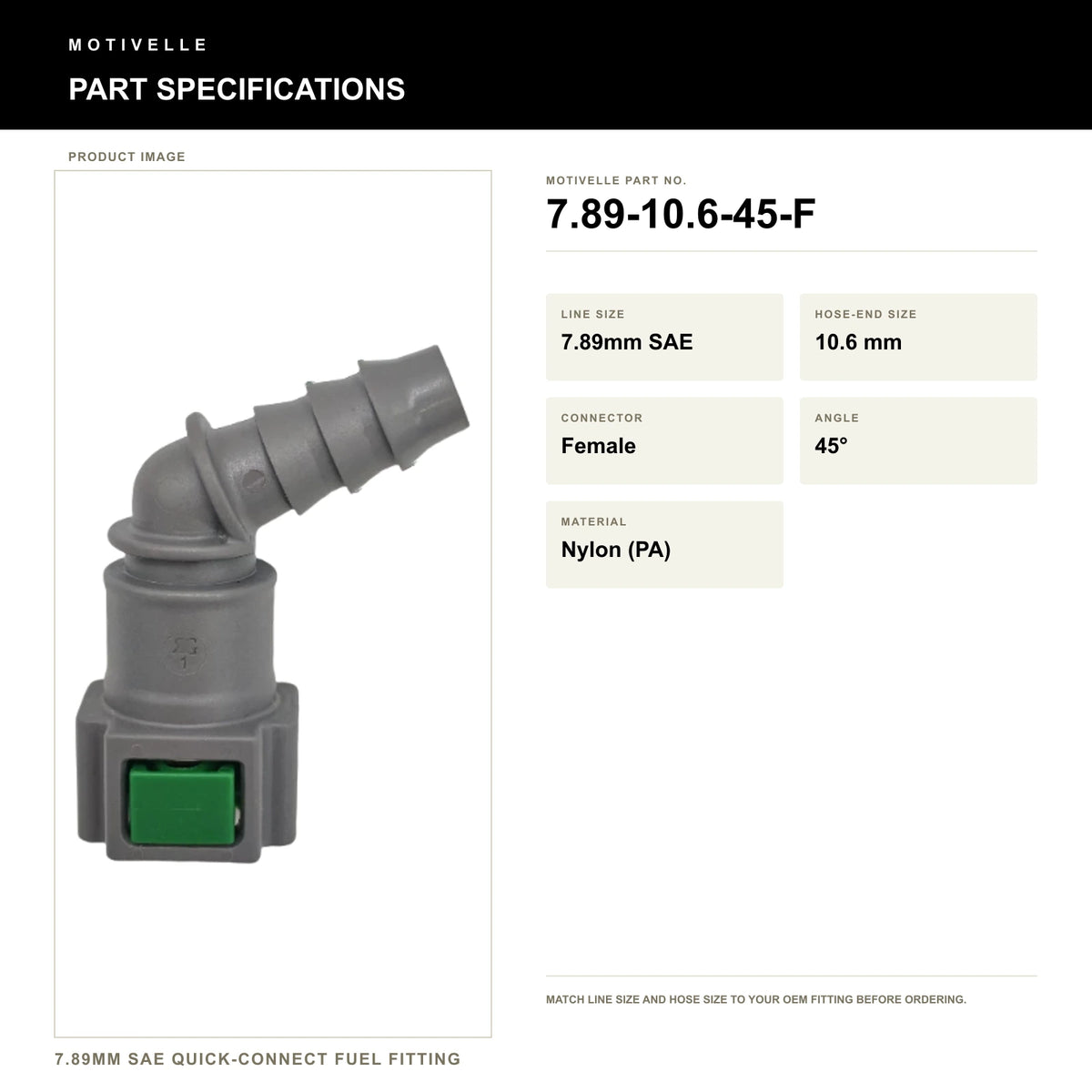 Motivelle 7.89mm SAE Quick-Connect Fuel Fitting — Female, 45° (7.89-10.6-45-F) - specifications