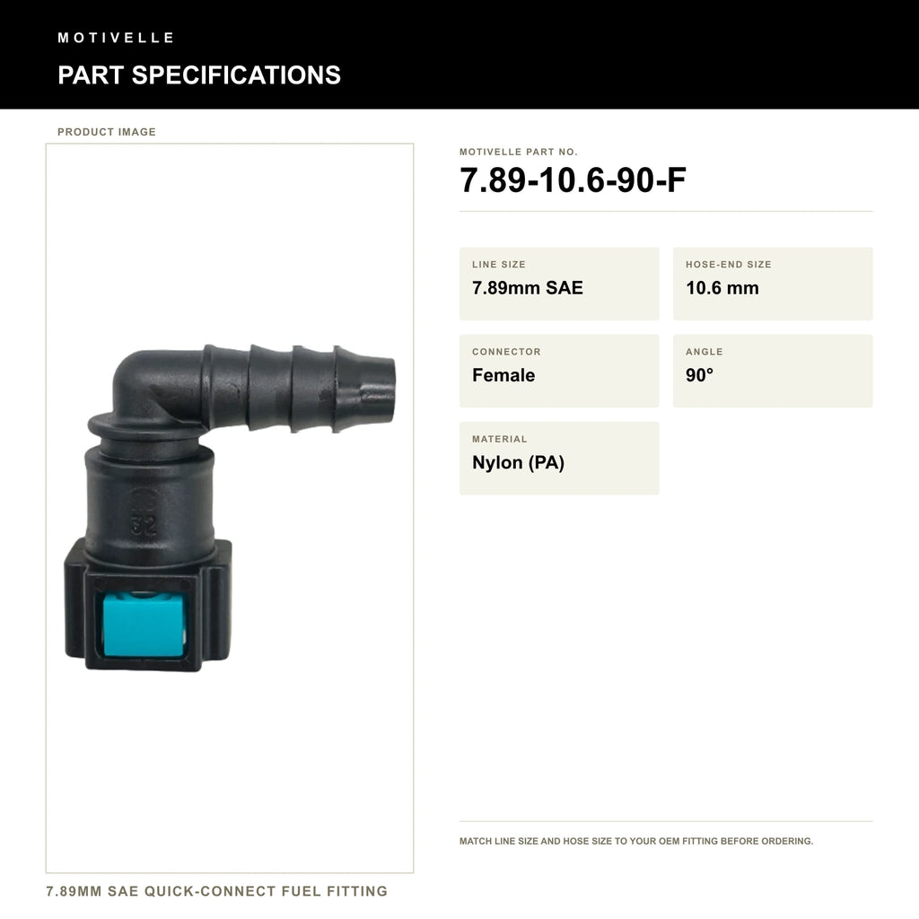 Motivelle 7.89mm SAE Quick-Connect Fuel Fitting — Female, 90° (7.89-10.6-90-F) - specifications