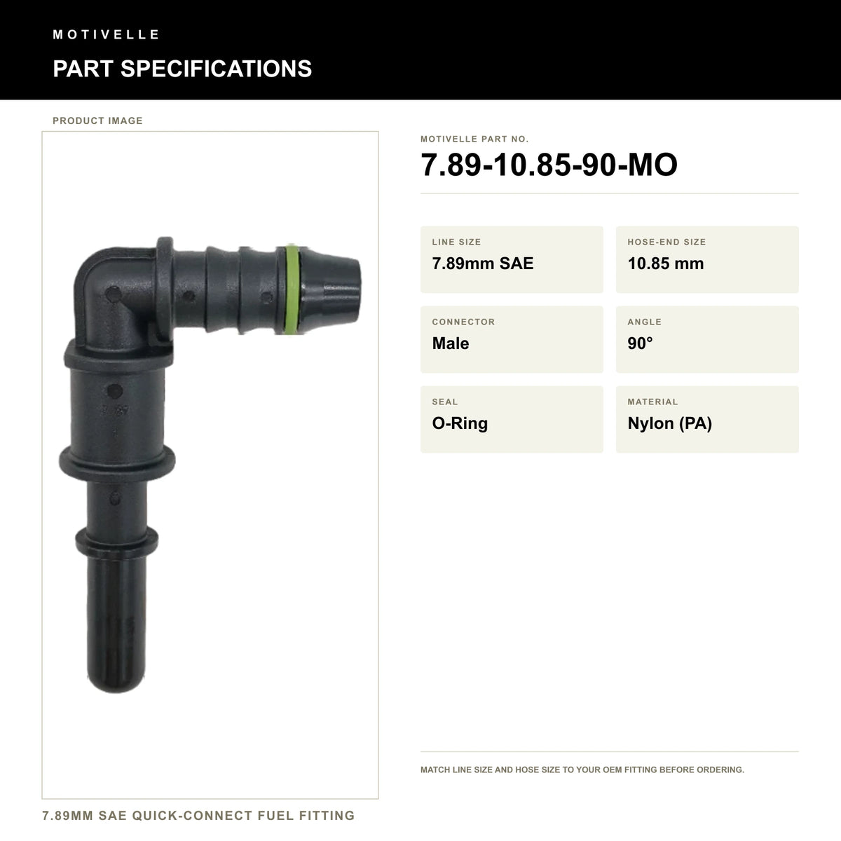 Motivelle 7.89mm SAE Quick-Connect Fuel Fitting — Male, 90°, O-Ring (7.89-10.85-90-MO) - specifications