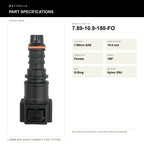 Motivelle 7.89mm SAE Quick-Connect Fuel Fitting — Female, 180°, O-Ring (7.89-10.9-180-FO) - specifications