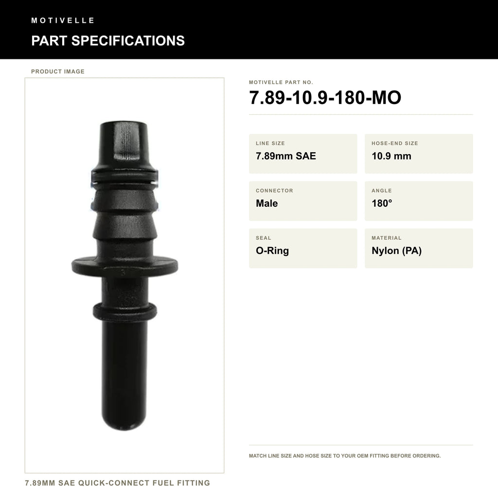 Motivelle 7.89mm SAE Quick-Connect Fuel Fitting — Male, 180°, O-Ring (7.89-10.9-180-MO) - specifications
