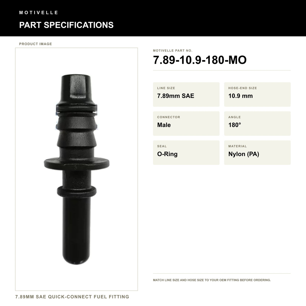 Motivelle 7.89mm SAE Quick-Connect Fuel Fitting — Male, 180°, O-Ring (7.89-10.9-180-MO) - specifications