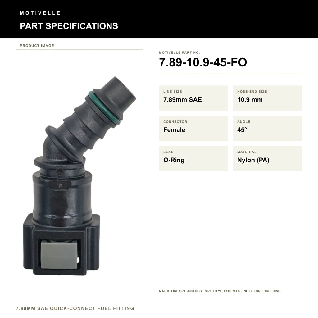 Motivelle 7.89mm SAE Quick-Connect Fuel Fitting — Female, 45°, O-Ring (7.89-10.9-45-FO) - specifications