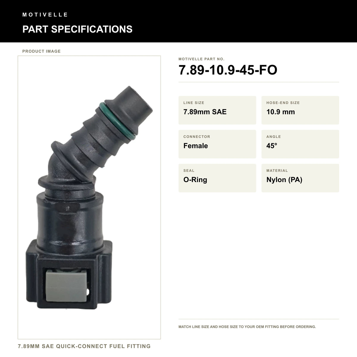 Motivelle 7.89mm SAE Quick-Connect Fuel Fitting — Female, 45°, O-Ring (7.89-10.9-45-FO) - specifications