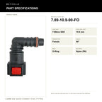 Motivelle 7.89mm SAE Quick-Connect Fuel Fitting — Female, 90°, O-Ring (7.89-10.9-90-FO) - specifications