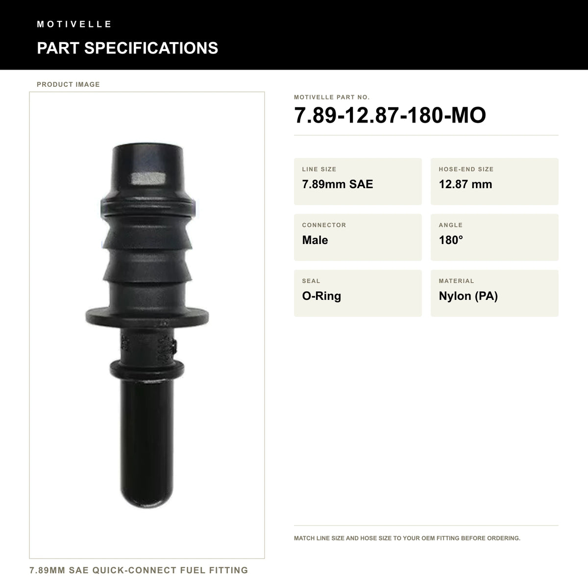 Motivelle 7.89mm SAE Quick-Connect Fuel Fitting — Male, 180°, O-Ring (7.89-12.87-180-MO) - specifications