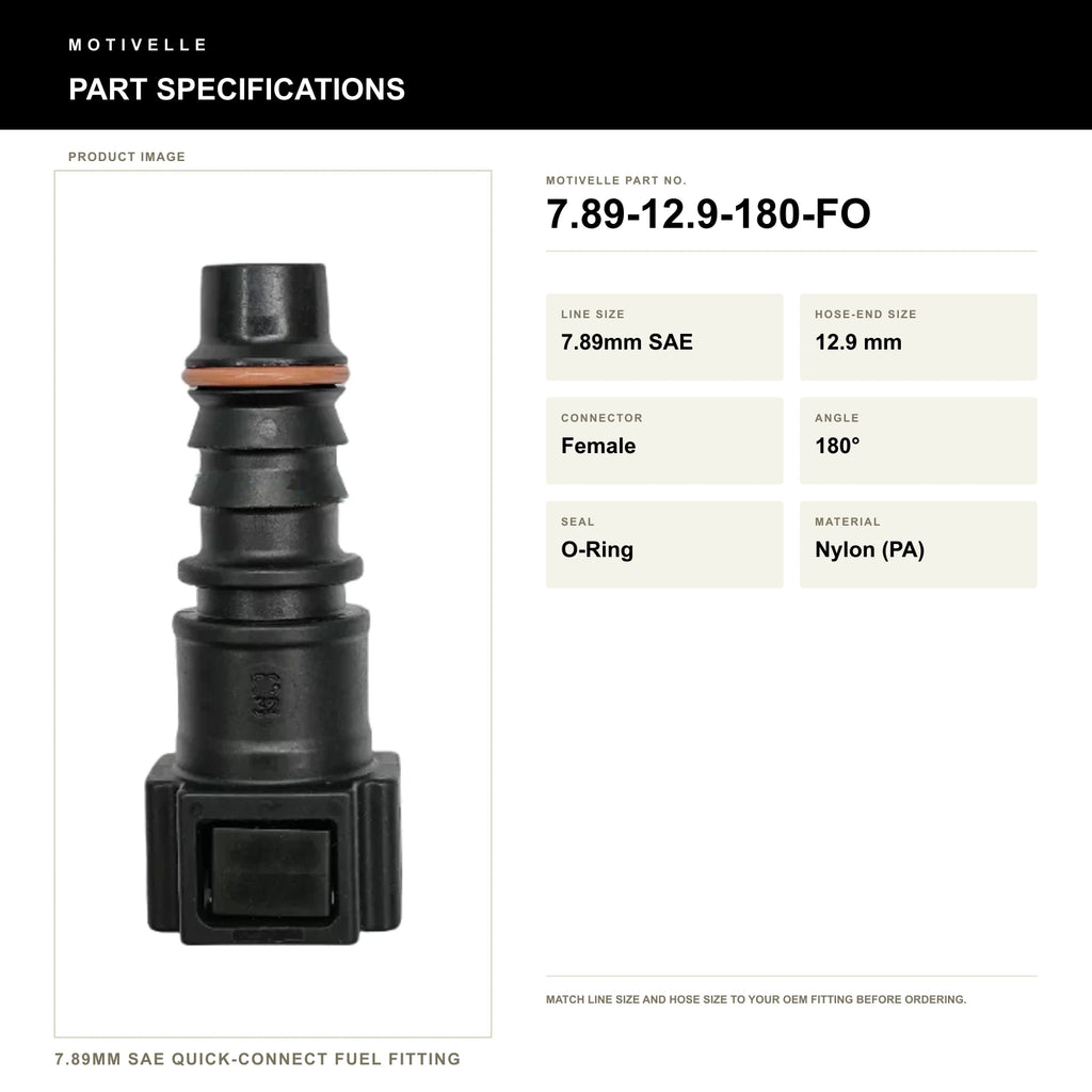 Motivelle 7.89mm SAE Quick-Connect Fuel Fitting — Female, 180°, O-Ring (7.89-12.9-180-FO) - specifications