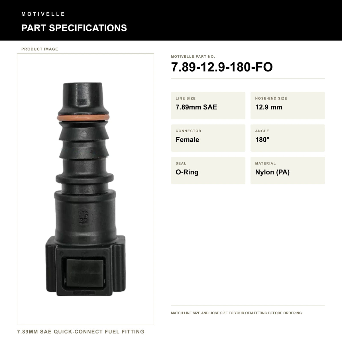 Motivelle 7.89mm SAE Quick-Connect Fuel Fitting — Female, 180°, O-Ring (7.89-12.9-180-FO) - specifications