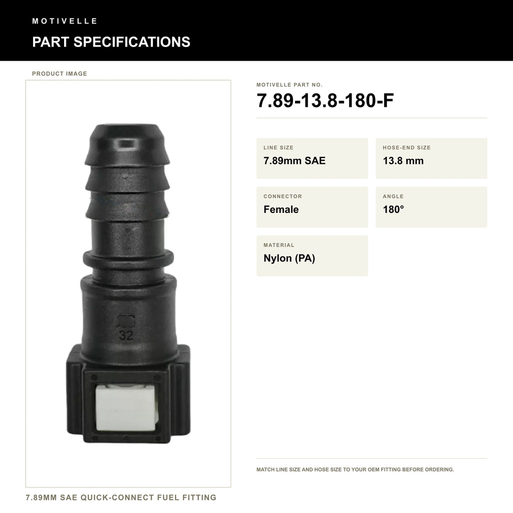 Motivelle 7.89mm SAE Quick-Connect Fuel Fitting — Female, 180° (7.89-13.8-180-F) - specifications