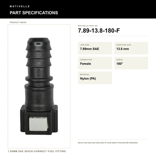 Motivelle 7.89mm SAE Quick-Connect Fuel Fitting — Female, 180° (7.89-13.8-180-F) - specifications