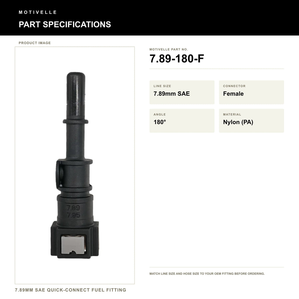 Motivelle 7.89mm SAE Quick-Connect Fuel Fitting — Female, 180° (7.89-180-F) - specifications