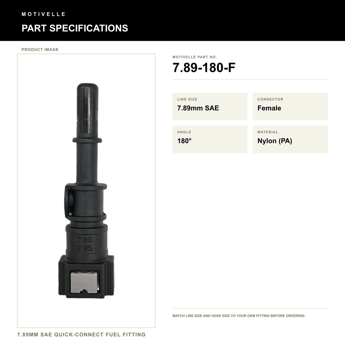 Motivelle 7.89mm SAE Quick-Connect Fuel Fitting — Female, 180° (7.89-180-F) - specifications