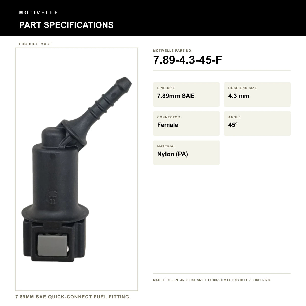 Motivelle 7.89mm SAE Quick-Connect Fuel Fitting — Female, 45° (7.89-4.3-45-F) - specifications