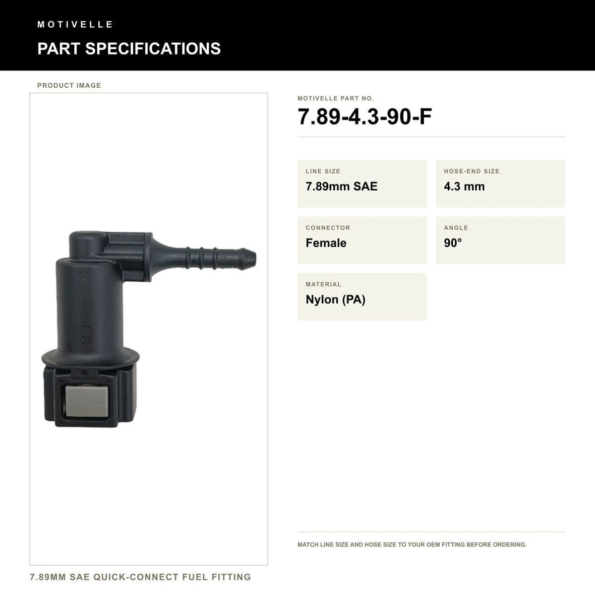 Motivelle 7.89mm SAE Quick-Connect Fuel Fitting — Female, 90° (7.89-4.3-90-F) - specifications