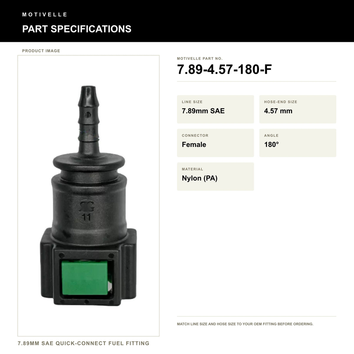 Motivelle 7.89mm SAE Quick-Connect Fuel Fitting — Female, 180° (7.89-4.57-180-F) - specifications