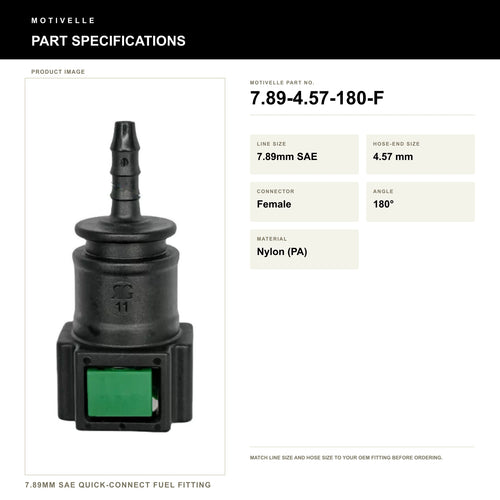 Motivelle 7.89mm SAE Quick-Connect Fuel Fitting — Female, 180° (7.89-4.57-180-F) - specifications