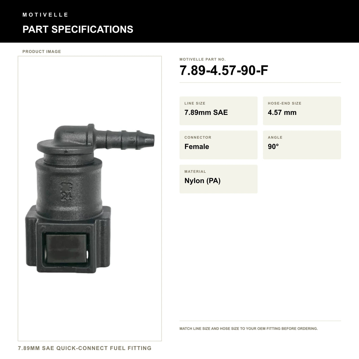 Motivelle 7.89mm SAE Quick-Connect Fuel Fitting — Female, 90° (7.89-4.57-90-F) - specifications