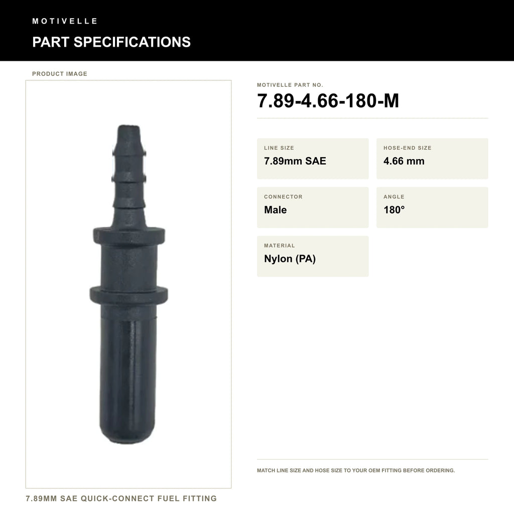 Motivelle 7.89mm SAE Quick-Connect Fuel Fitting — Male, 180° (7.89-4.66-180-M) - specifications