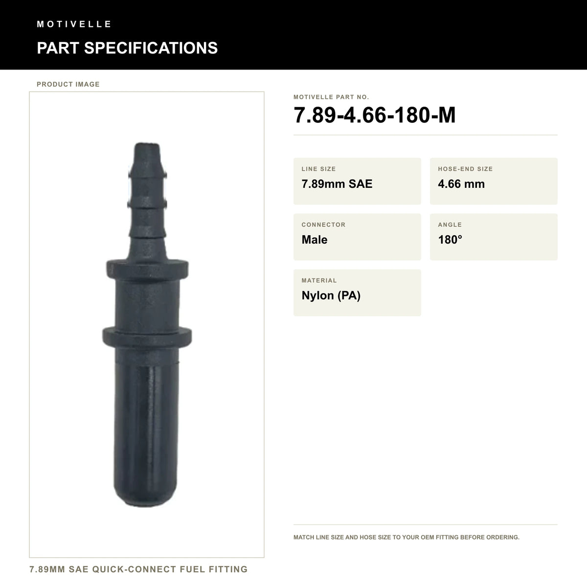 Motivelle 7.89mm SAE Quick-Connect Fuel Fitting — Male, 180° (7.89-4.66-180-M) - specifications