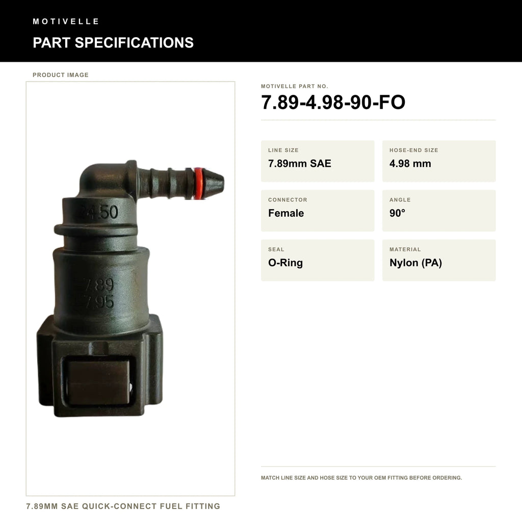 Motivelle 7.89mm SAE Quick-Connect Fuel Fitting — Female, 90°, O-Ring (7.89-4.98-90-FO) - specifications