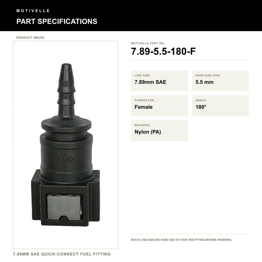 Motivelle 7.89mm SAE Quick-Connect Fuel Fitting — Female, 180° (7.89-5.5-180-F) - specifications