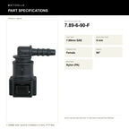 Motivelle 7.89mm SAE Quick-Connect Fuel Fitting — Female, 90° (7.89-6-90-F) - specifications