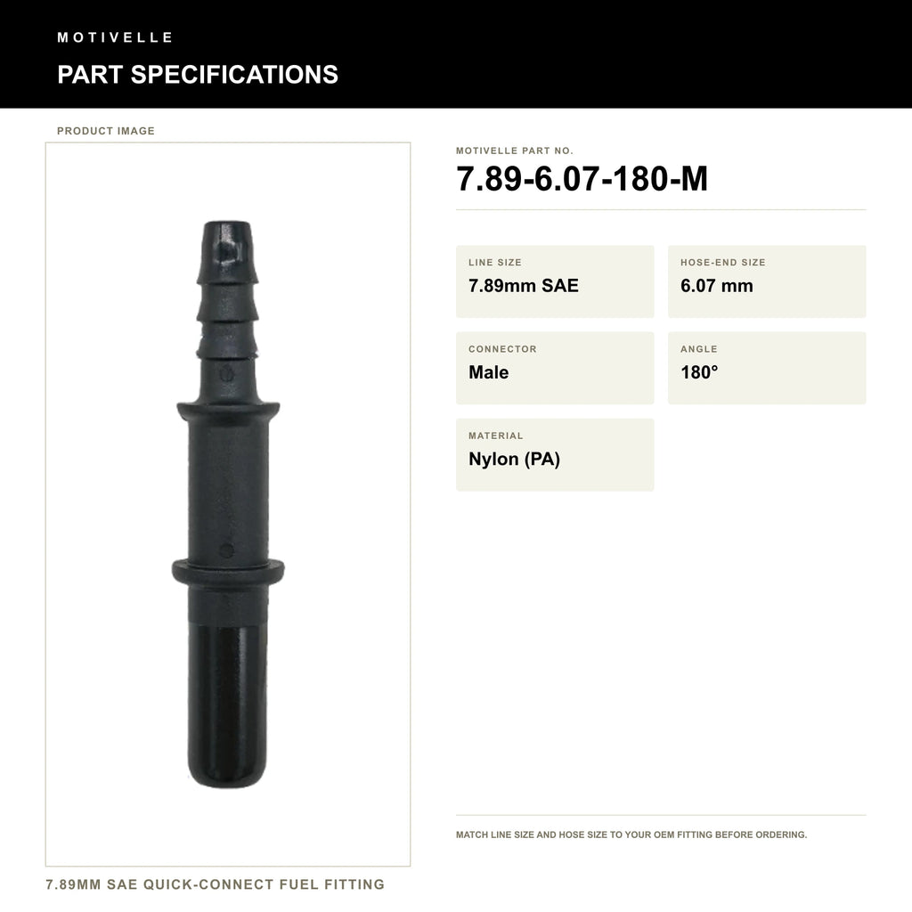 Motivelle 7.89mm SAE Quick-Connect Fuel Fitting — Male, 180° (7.89-6.07-180-M) - specifications