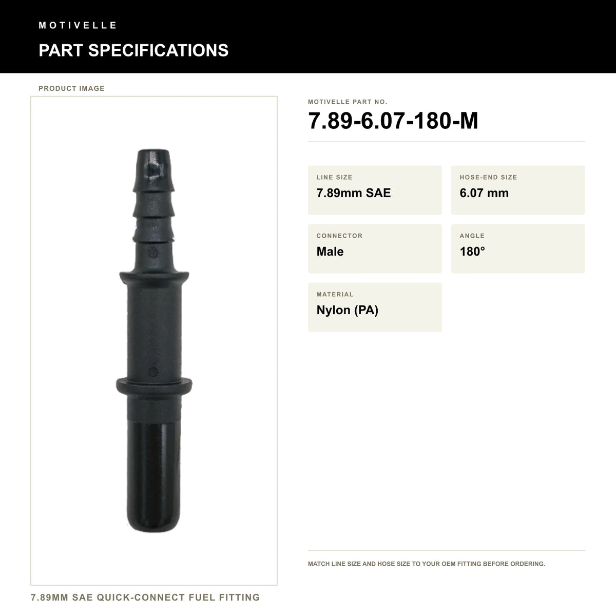 Motivelle 7.89mm SAE Quick-Connect Fuel Fitting — Male, 180° (7.89-6.07-180-M) - specifications