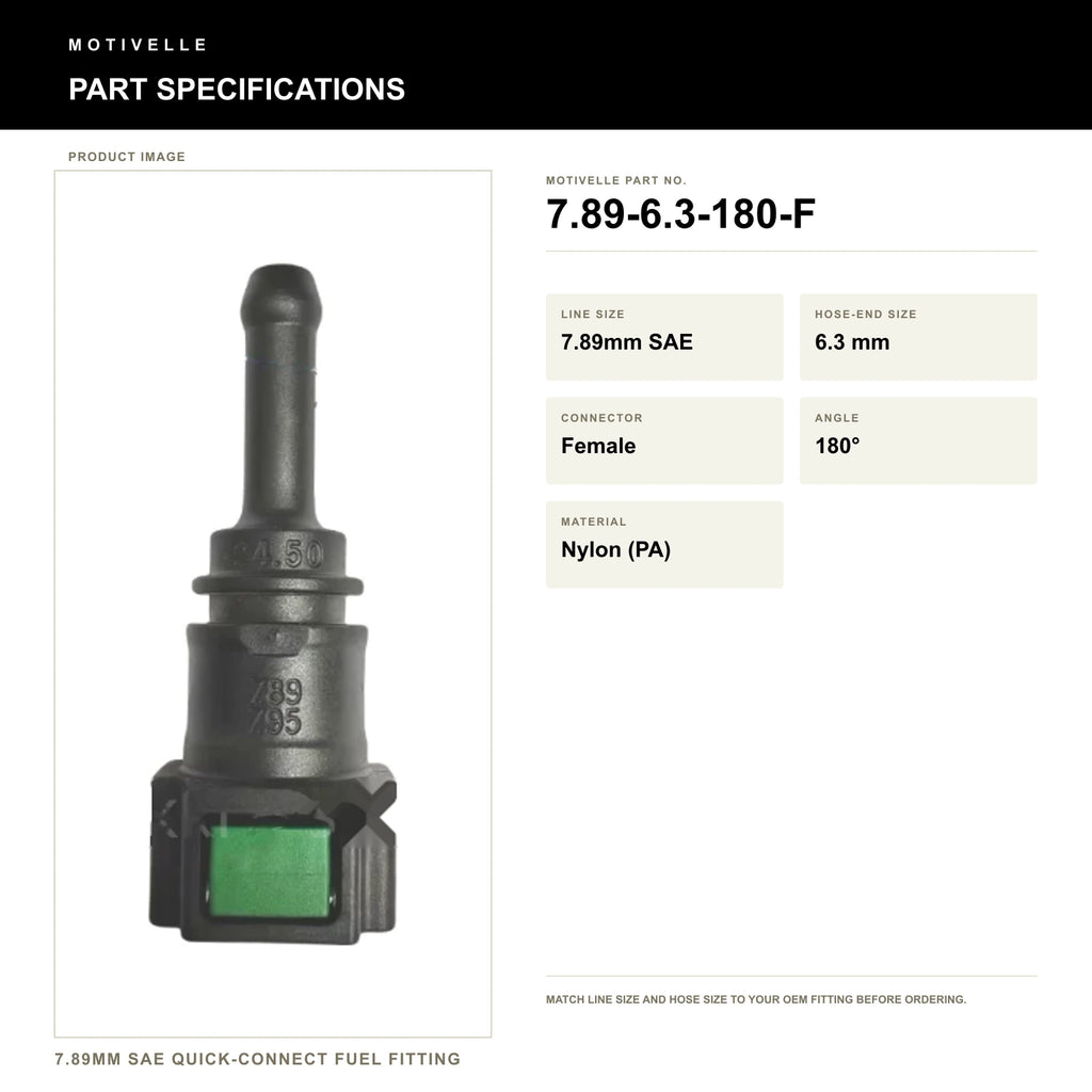 Motivelle 7.89mm SAE Quick-Connect Fuel Fitting — Female, 180° (7.89-6.3-180-F) - specifications