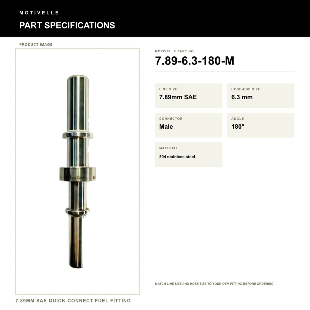 Motivelle 7.89mm SAE Quick-Connect Fuel Fitting — Male, 180° (7.89-6.3-180-M) - specifications