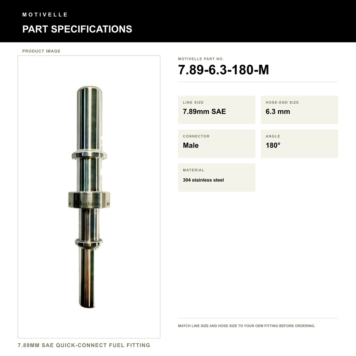 Motivelle 7.89mm SAE Quick-Connect Fuel Fitting — Male, 180° (7.89-6.3-180-M) - specifications