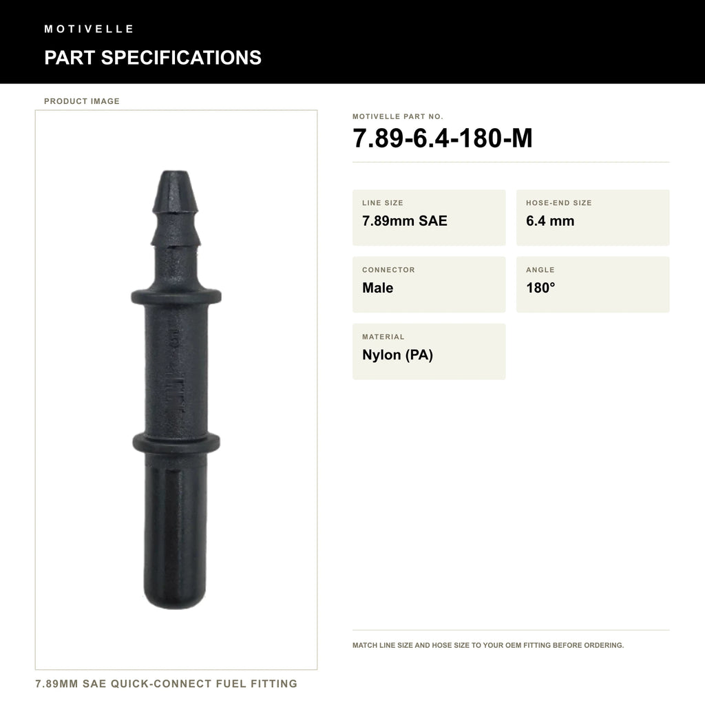 Motivelle 7.89mm SAE Quick-Connect Fuel Fitting — Male, 180° (7.89-6.4-180-M) - specifications