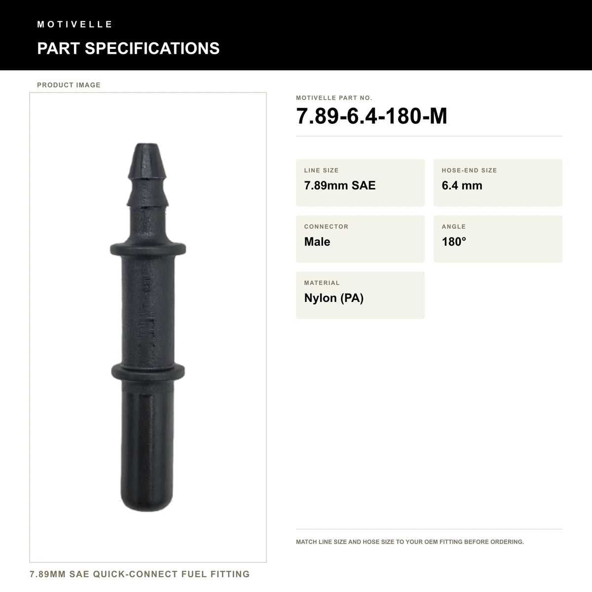 Motivelle 7.89mm SAE Quick-Connect Fuel Fitting — Male, 180° (7.89-6.4-180-M) - specifications