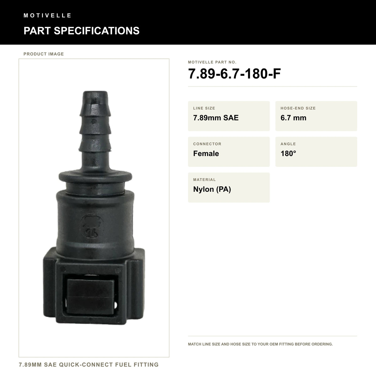Motivelle 7.89mm SAE Quick-Connect Fuel Fitting — Female, 180° (7.89-6.7-180-F) - specifications