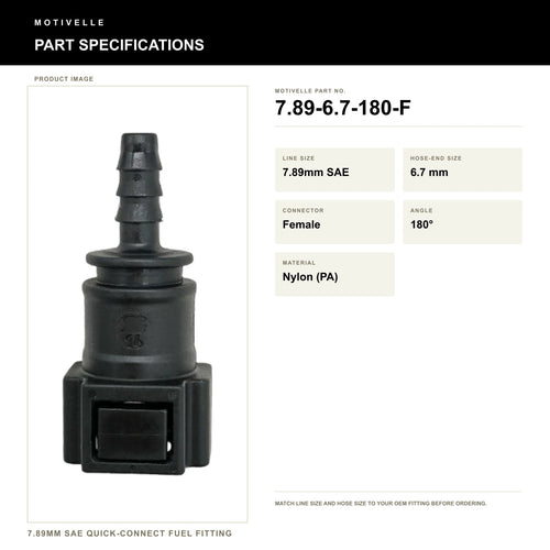 Motivelle 7.89mm SAE Quick-Connect Fuel Fitting — Female, 180° (7.89-6.7-180-F) - specifications